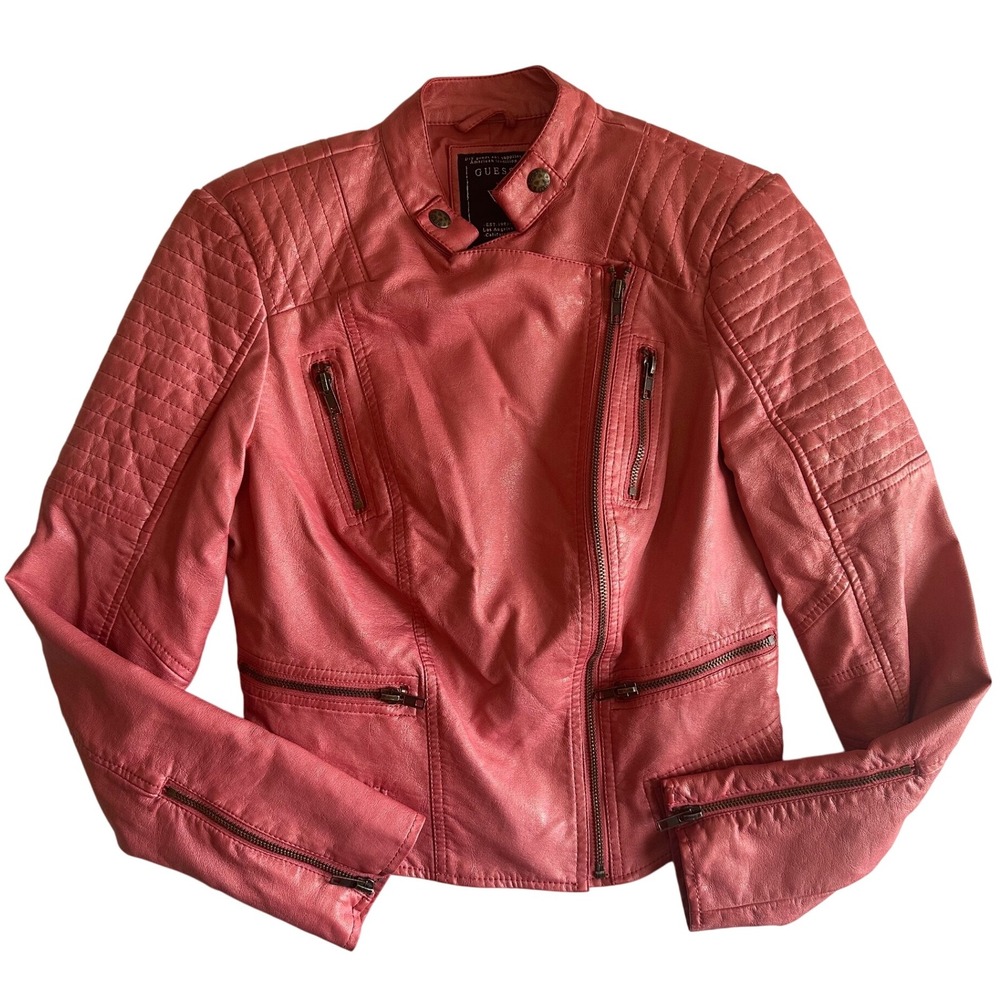 Guess Pink Faux Leather Moto Jacket Quilted Detail Zipper Pockets Size XS - Picture 1 of 8